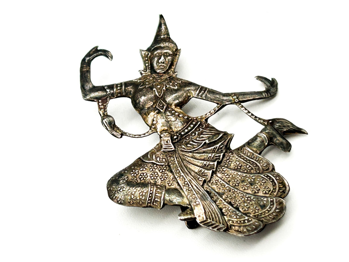 Vintage Siam Sterling Silver Thai Dancing Goddess Brooch Art Deco 1930s Signed