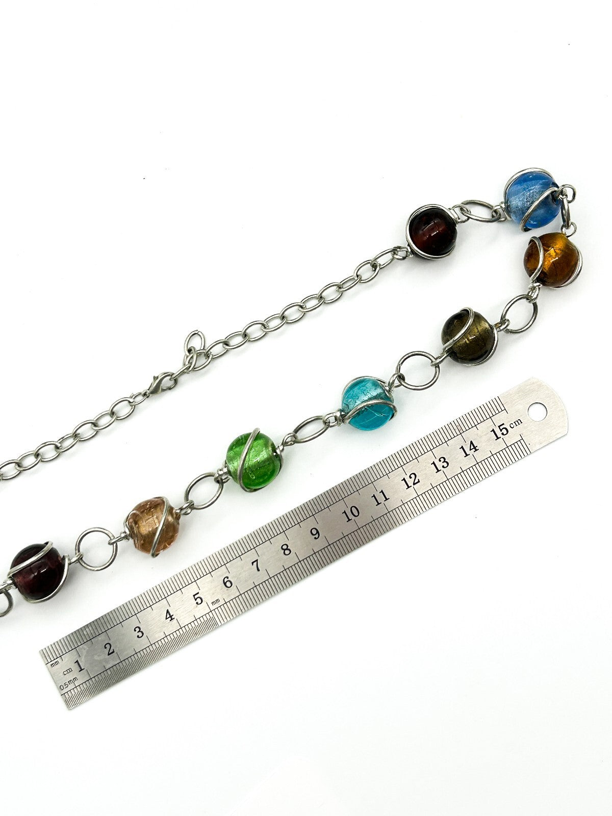 Vintage Multicolour Foil Art Glass Necklace Silver Tone Wrapped Beads Statement