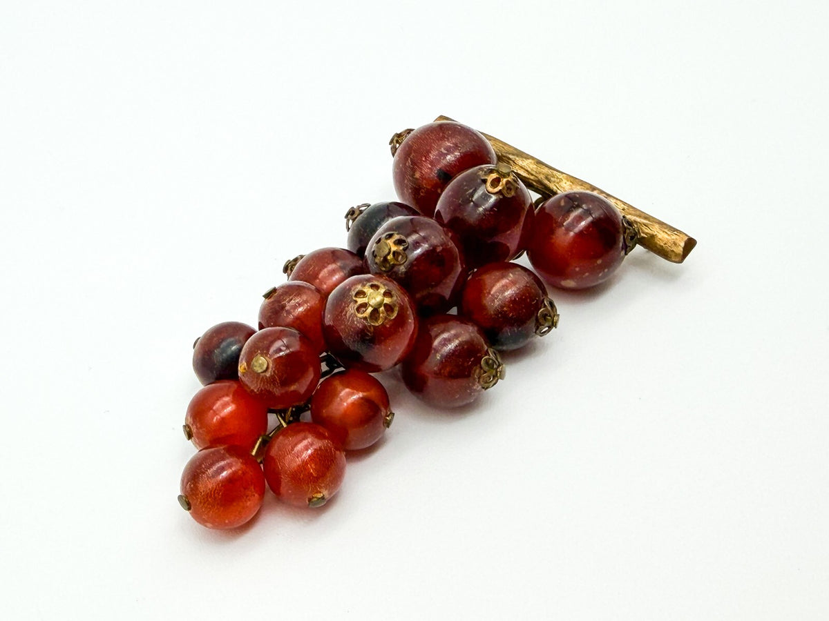 Vintage Cha Cha Lucite Grape Cluster Brooch Red Berry Gold Tone Pin 3.5 Inch