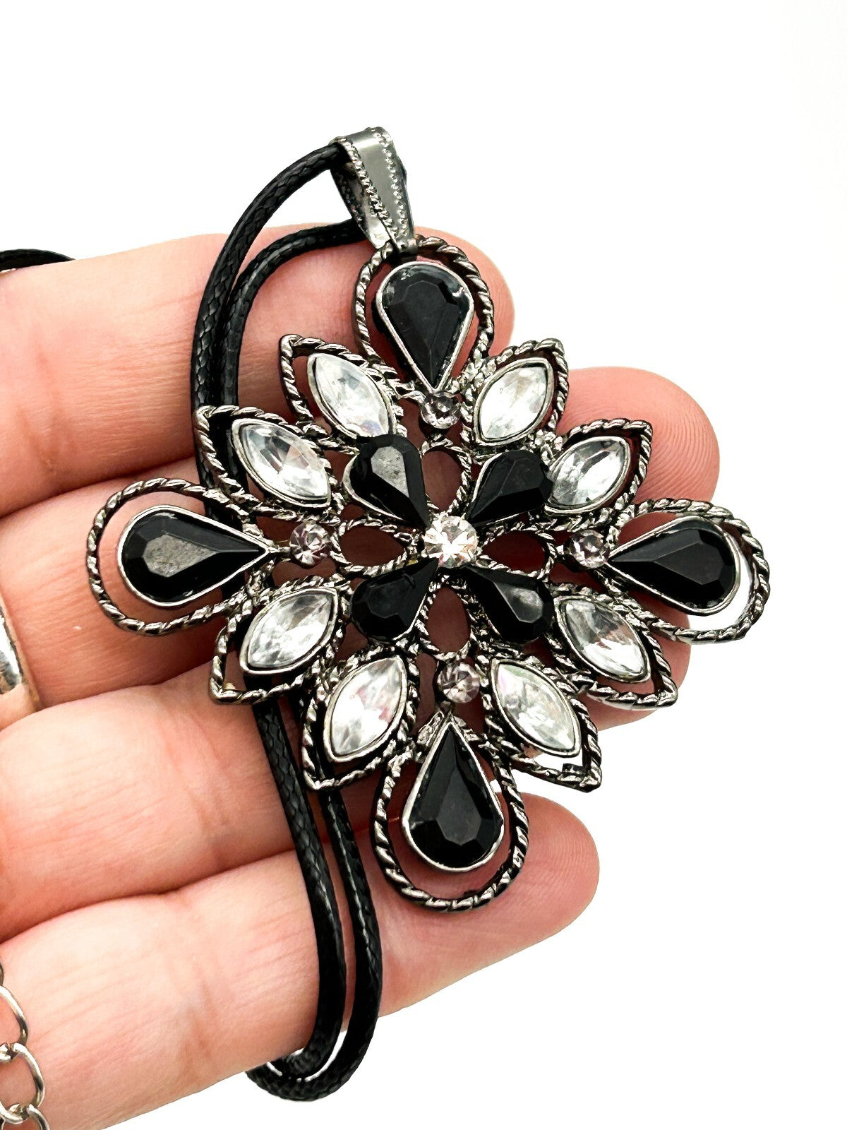 Gothic Black Clear Rhinestone Flower Pendant Necklace Gunmetal Floral Statement