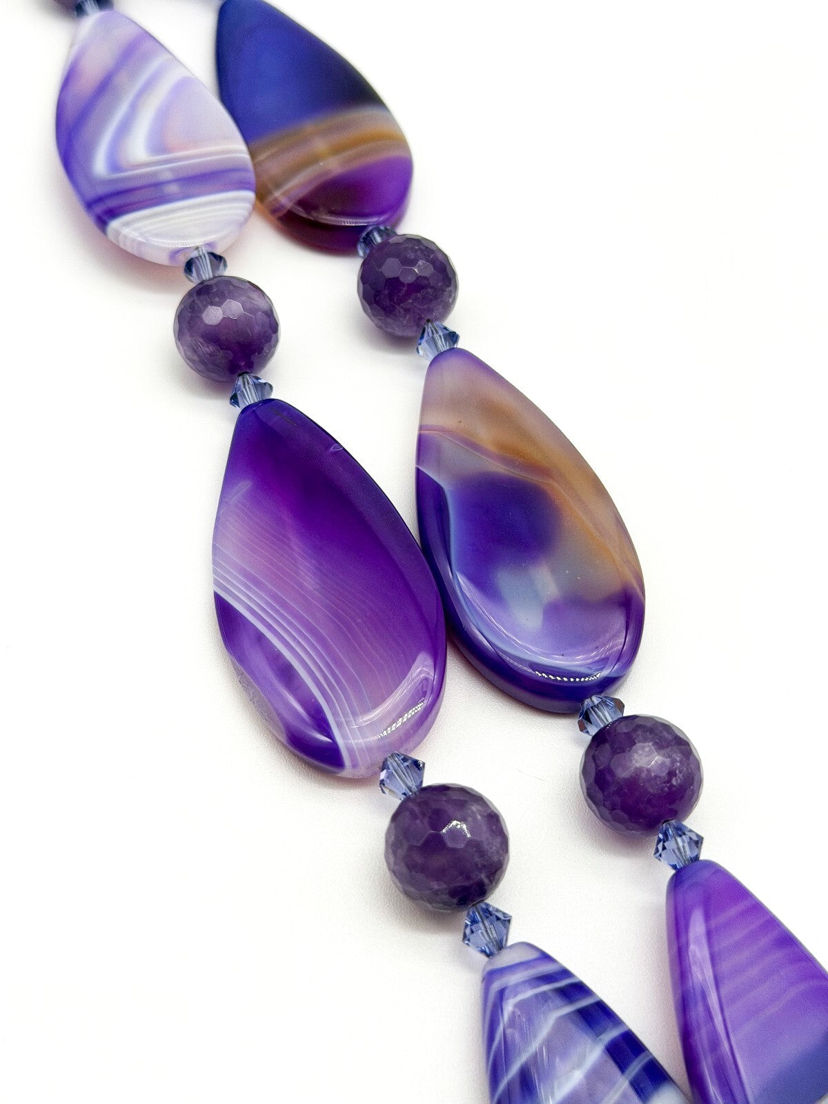 Chunky Amethyst & Purple Banded Agate Gemstone Necklace Faceted Crystal Beads