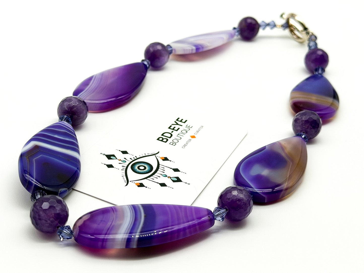 Chunky Amethyst & Purple Banded Agate Gemstone Necklace Faceted Crystal Beads