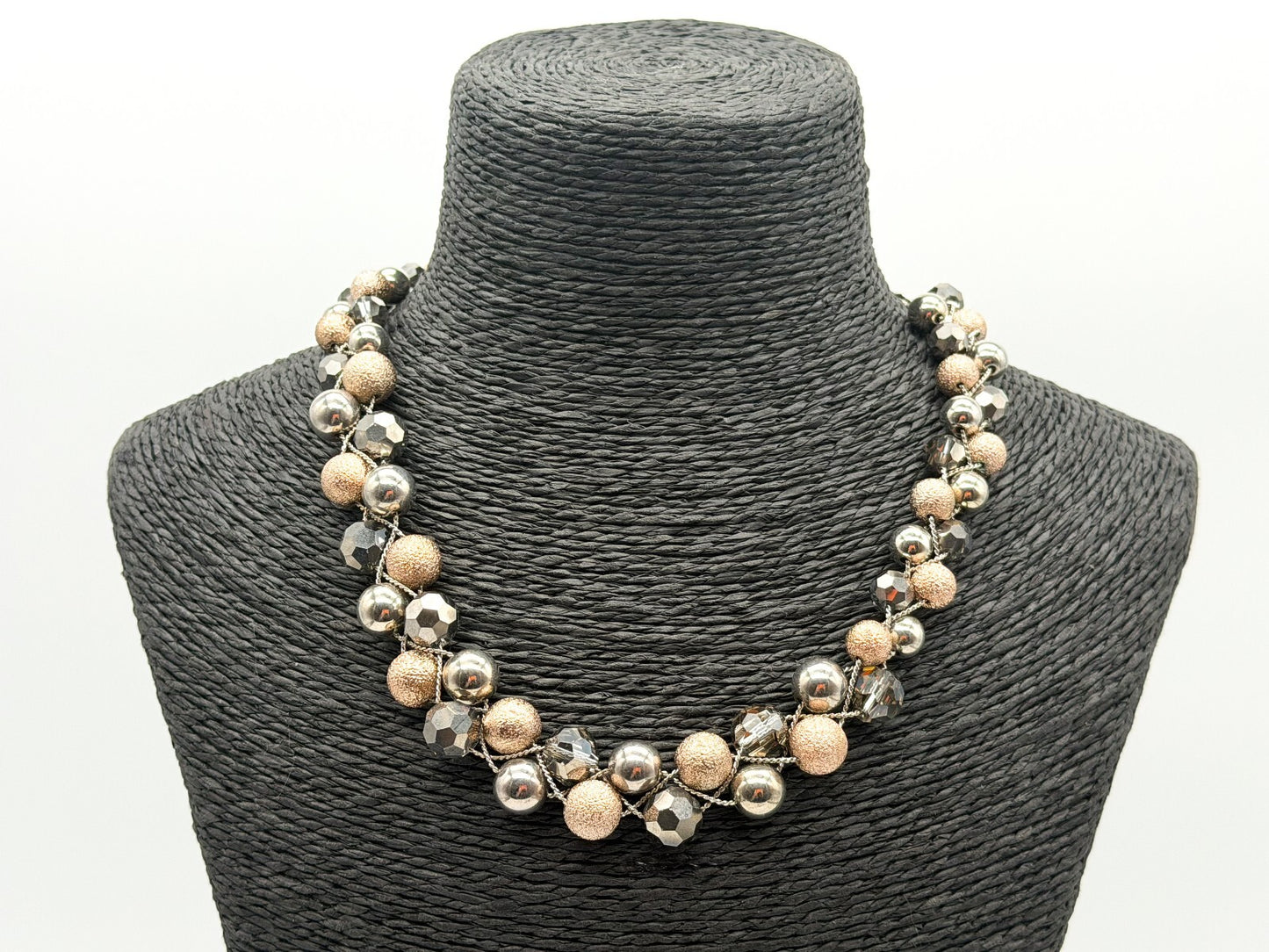 M&S Double Row Necklace Silver Rose Gold Tone Smoky Faceted Glass Beads 17”