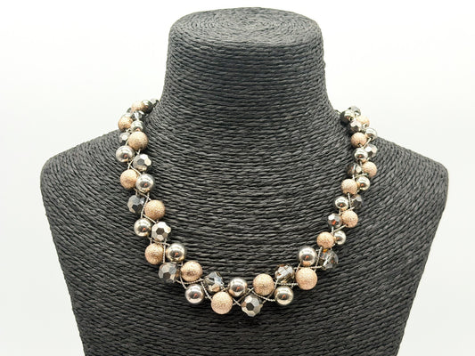 M&S Double Row Necklace Silver Rose Gold Tone Smoky Faceted Glass Beads 17”