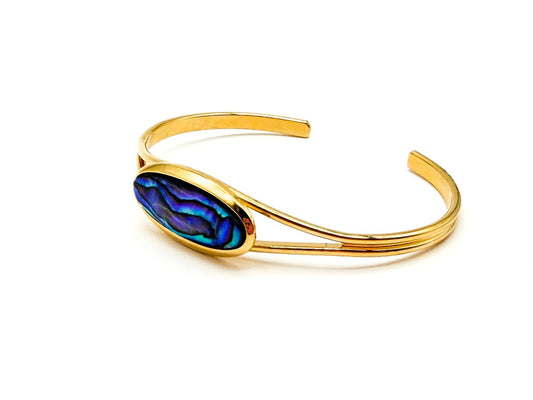 Gold Tone Abalone Paua Shell Torque Cuff Bangle Blue Green Iridescent Bracelet