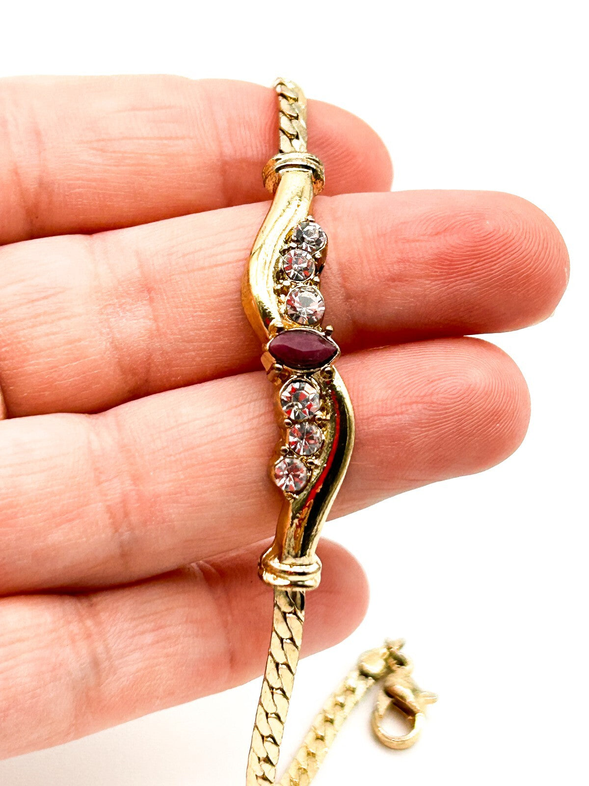 Vintage Gold Plated Cuban Link Bracelet Marquis Ruby (tested) & Glass Crystals
