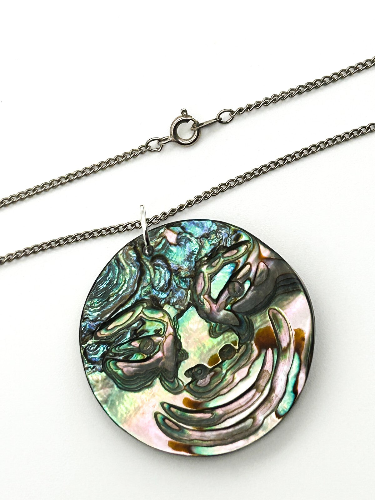 Carved Natural Paua Abalone Shell Face Pendant Necklace Iridescent Statement