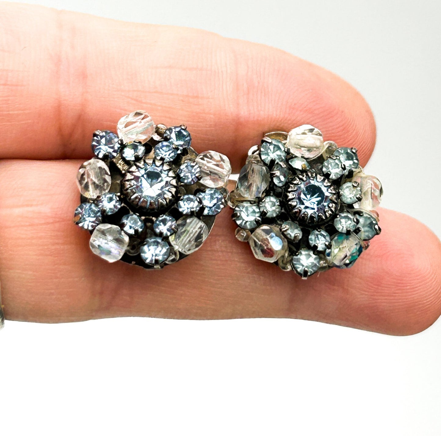 Vintage Clip On Rhinestone Earrings Bundle Blue Clear Pink Red Flower Cluster