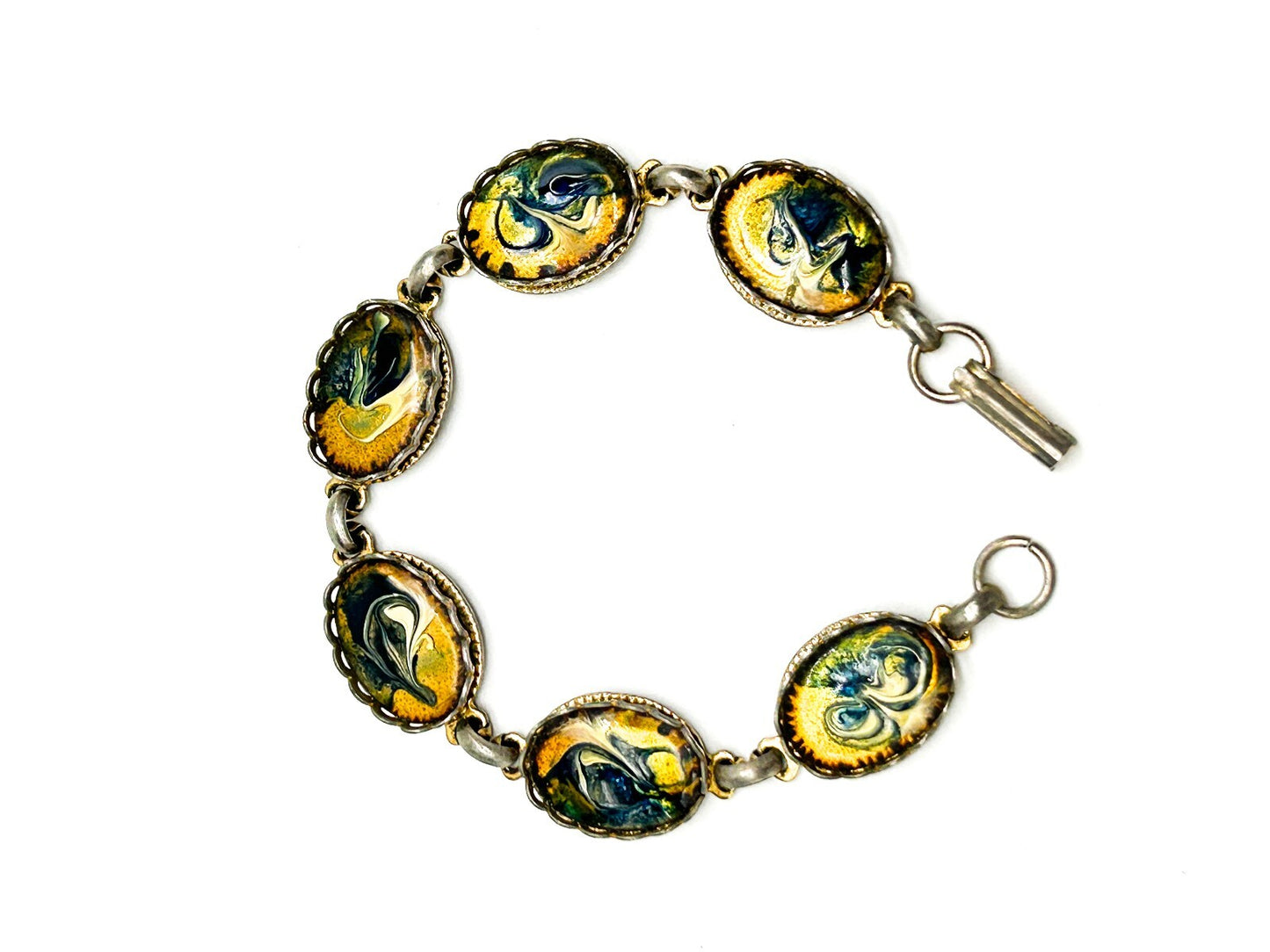 Vintage Enamel Panel Bracelet Gold Blue White Marbled Swirl Oval Bracelet 7.5”