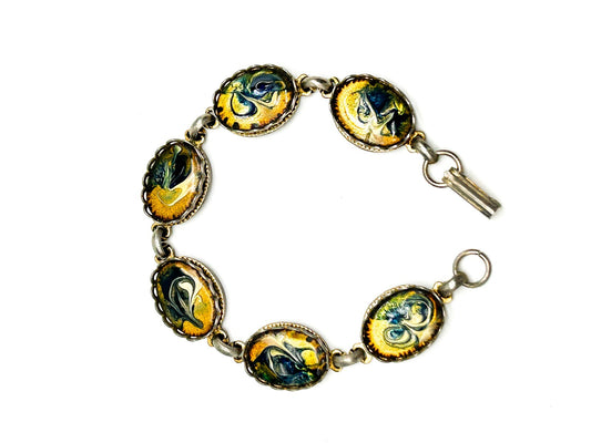 Vintage Enamel Panel Bracelet Gold Blue White Marbled Swirl Oval Bracelet 7.5”