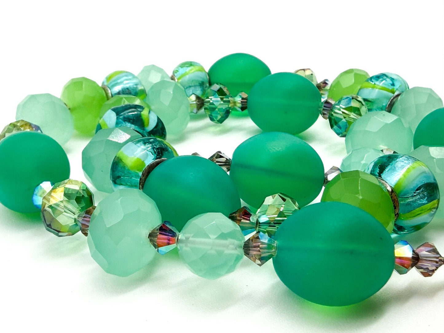 Frosted Green Glass Necklace Earrings Set Lampwork Beads Toggle Clasp Statement