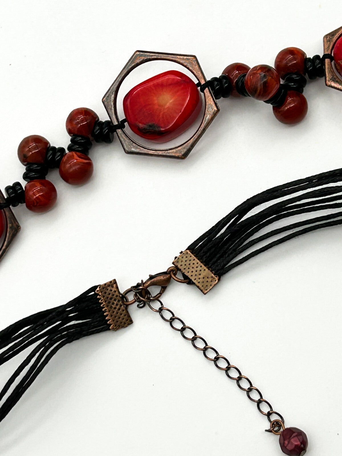 Chunky Red Coral Nugget Necklace Bronze Hexagon Beads Multi Strand Statement