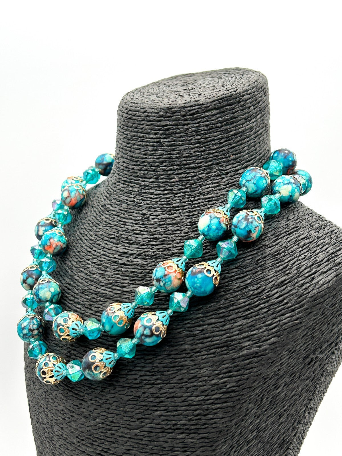 Vintage Hong Kong Double Strand Turquoise Marble Bead Necklace Blue Statement