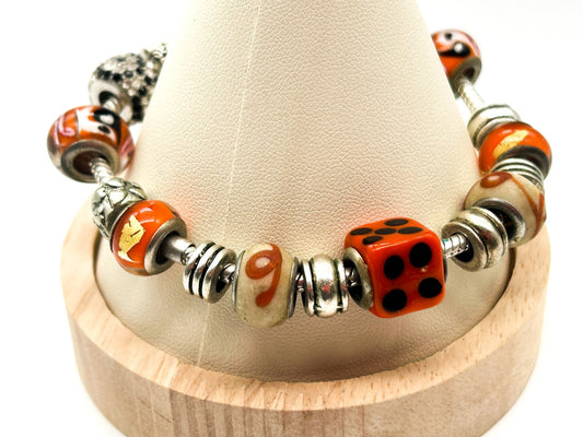 Orange Glass Charm Bracelet European Beads Yin Yang Dice 925 Sterling Charm