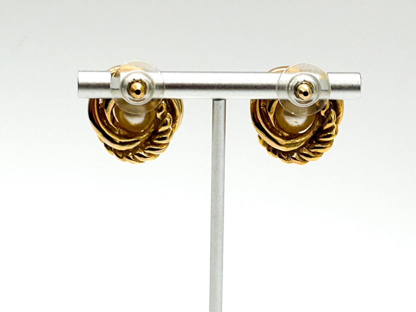 Vintage Gold Tone Faux Pearl Knot Stud Earrings Rope Effect Statement Posts