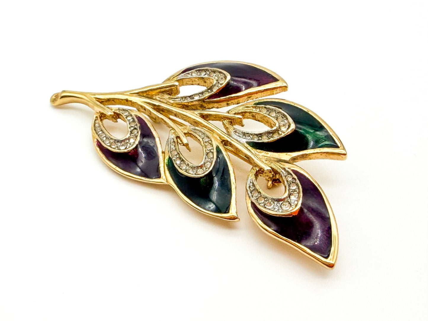 Gold Tone Purple Green Enamel Floral Spray Brooch Rhinestone Leaf Pin