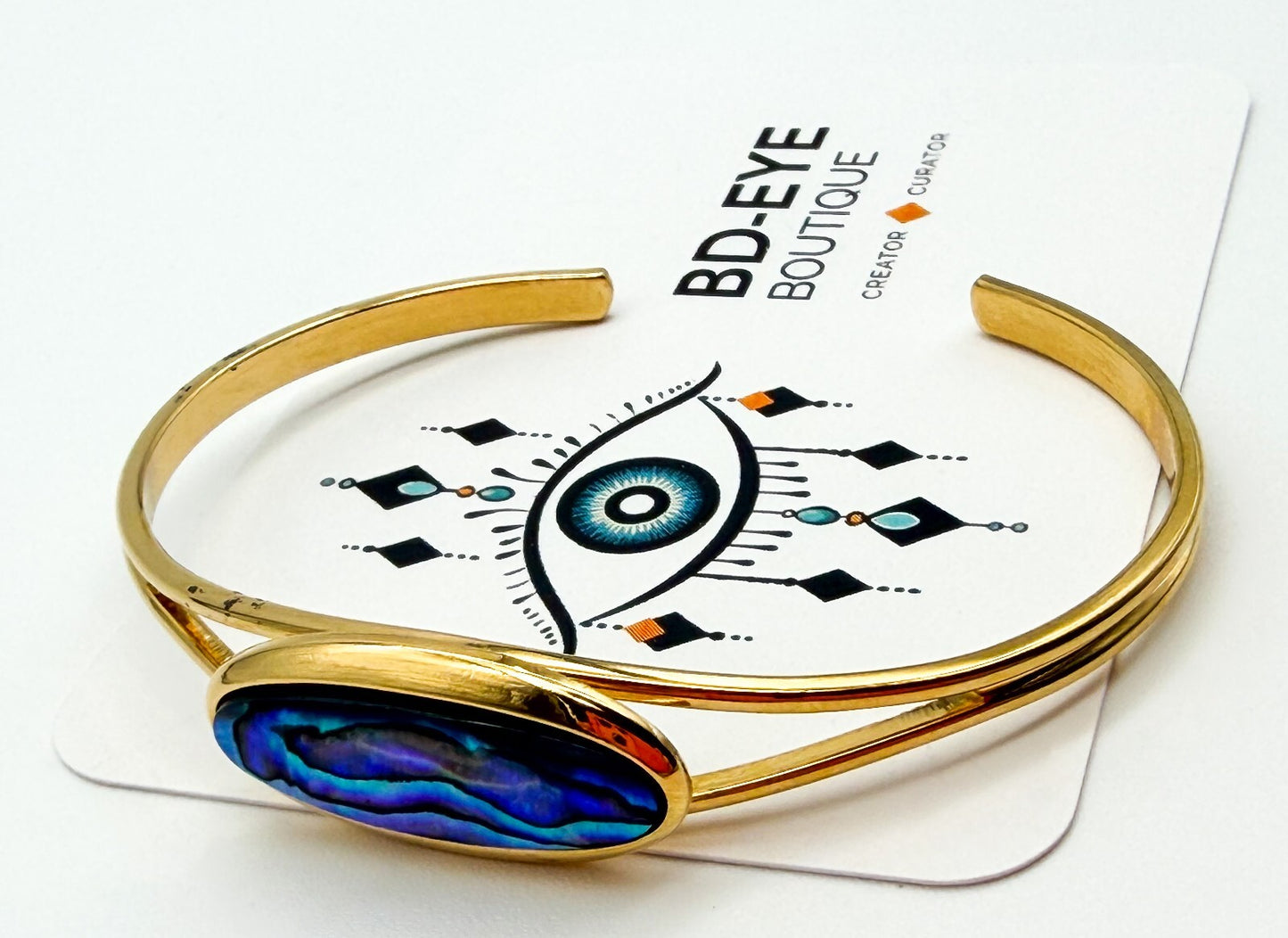 Gold Tone Abalone Paua Shell Torque Cuff Bangle Blue Green Iridescent Bracelet
