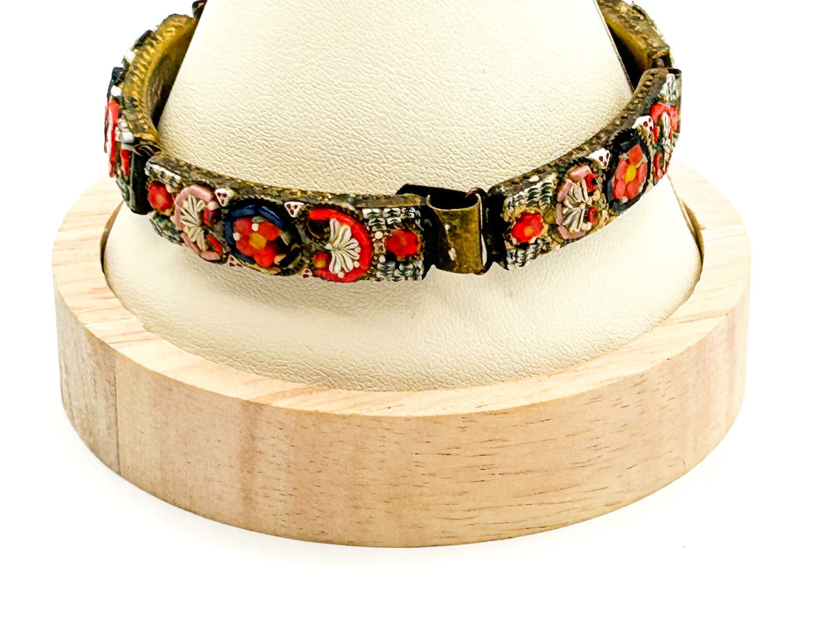 Vintage Italian Micro Mosaic Bracelet RM Made In Italy Red Floral Panel Bracelet