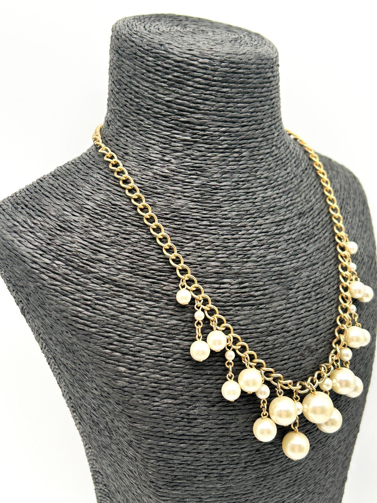 Vintage Gold Tone Faux Pearl Cha Cha Bib Necklace Statement Necklace 17.5” Retro