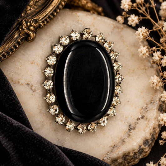 Vintage Black Cabochon Rhinestone Oval Brooch Silver Tone Statement 5cm