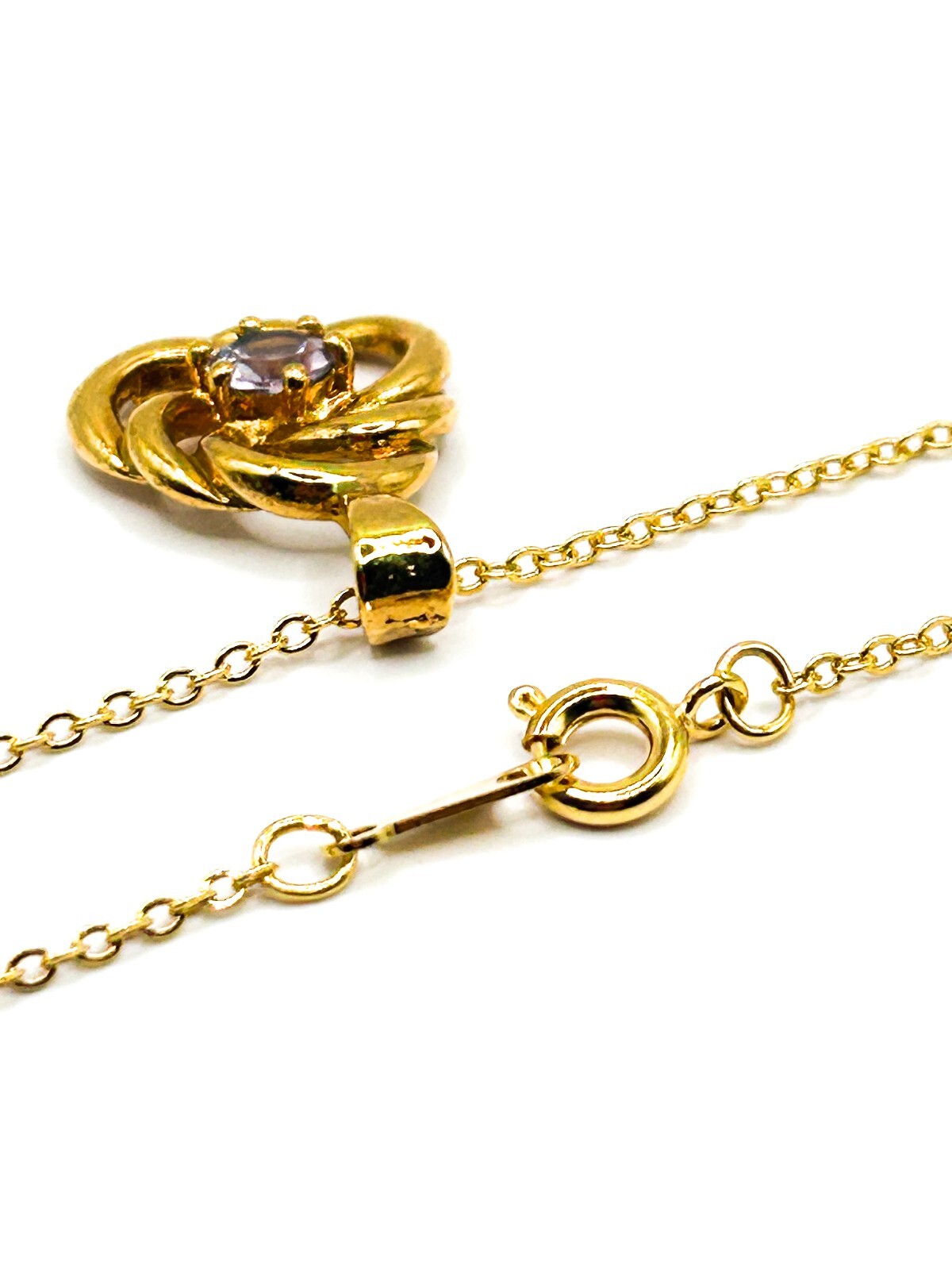 Amethyst Gemstone Swirl Pendant Necklace Gold Tone Fine Chain 17.5”