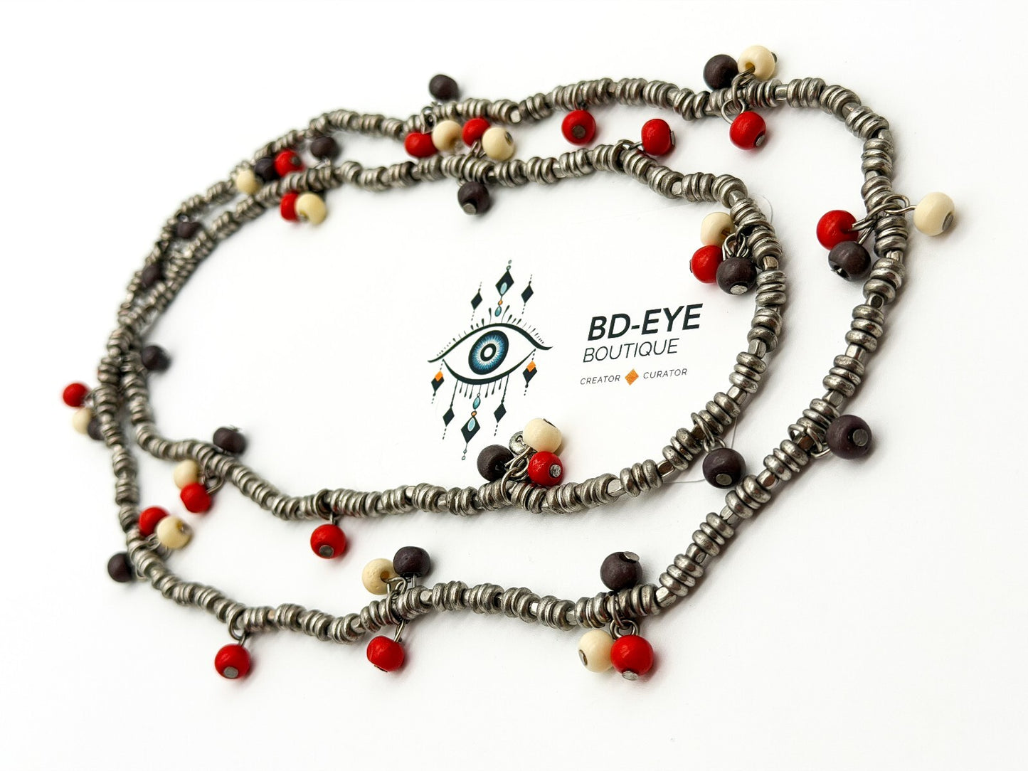 Long Silver Tone Spacer Bead Necklace Red Wood Beads Boho 36” Strand