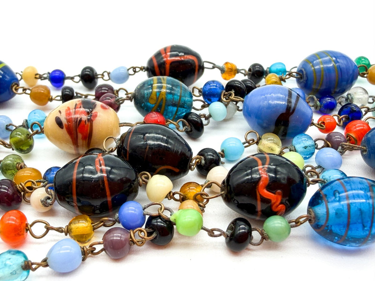 Vintage Murano Glass Necklace Italian Art Glass Flapper Blue Lampwork 26.5”