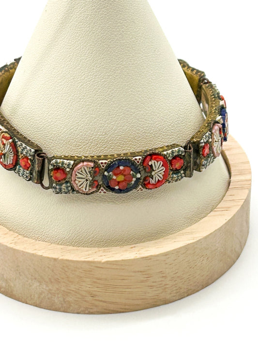 Vintage Italian Micro Mosaic Bracelet RM Made In Italy Red Floral Panel Bracelet