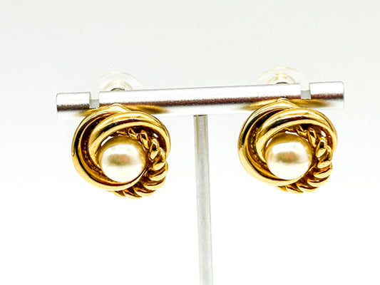 Vintage Gold Tone Faux Pearl Knot Stud Earrings Rope Effect Statement Posts
