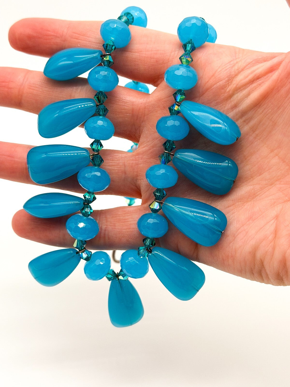 Turquoise Blue Glass Teardrop Fringe Statement Necklace Crystal Spacers Toggle