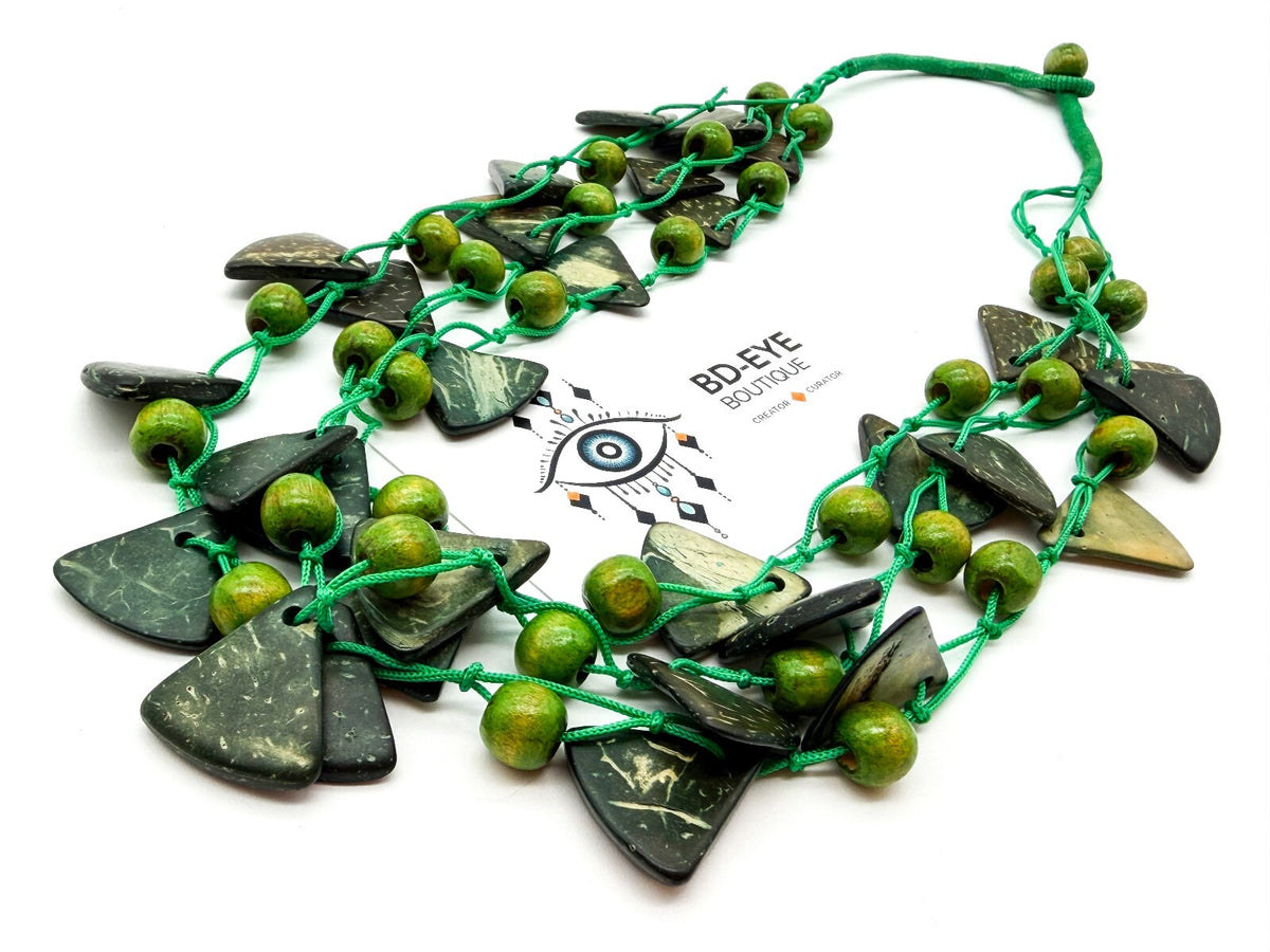 Boho Green Coconut Shell & Wood Bead Necklace Hand Knotted Statement