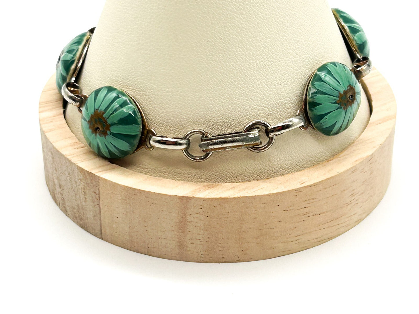 Vintage Hand Painted Ceramic Panel Bracelet Teal Green Floral Link Bracelet 8.5”
