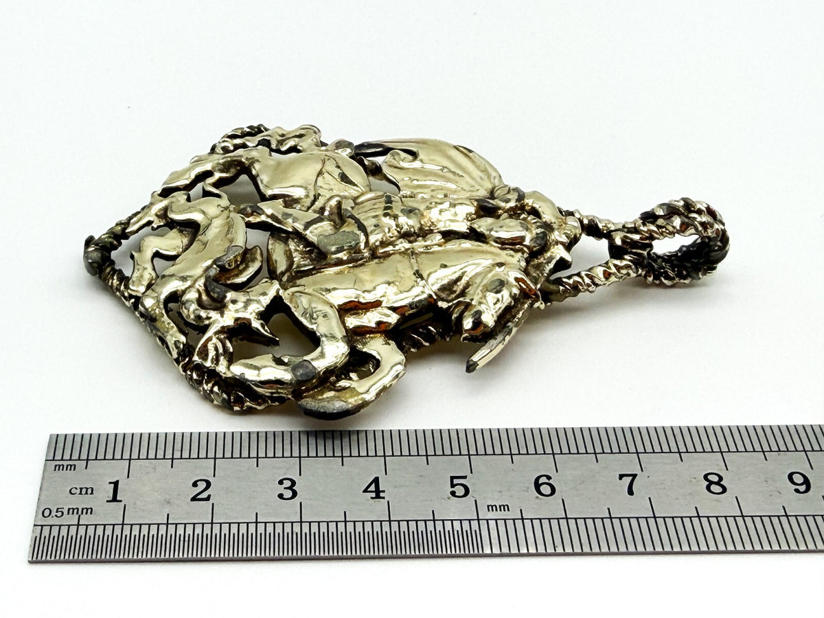 Vintage Jewelcraft St George and Dragon Pendant Gold Tone Signed 8.5cm Signed