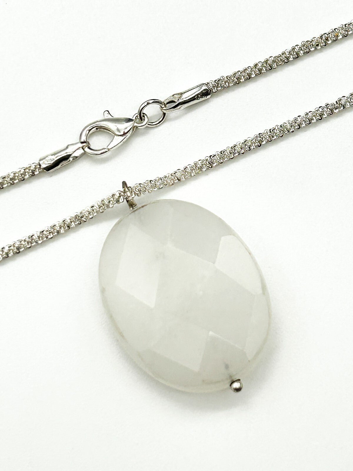 Natural White Jade Pendant Necklace Faceted Oval Gemstone 16.5” Silver Tone