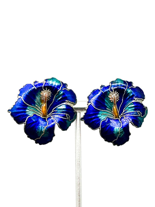 Vintage Cobalt Blue Hibiscus Cloisonné Enamel Flower Statement Stud Earrings