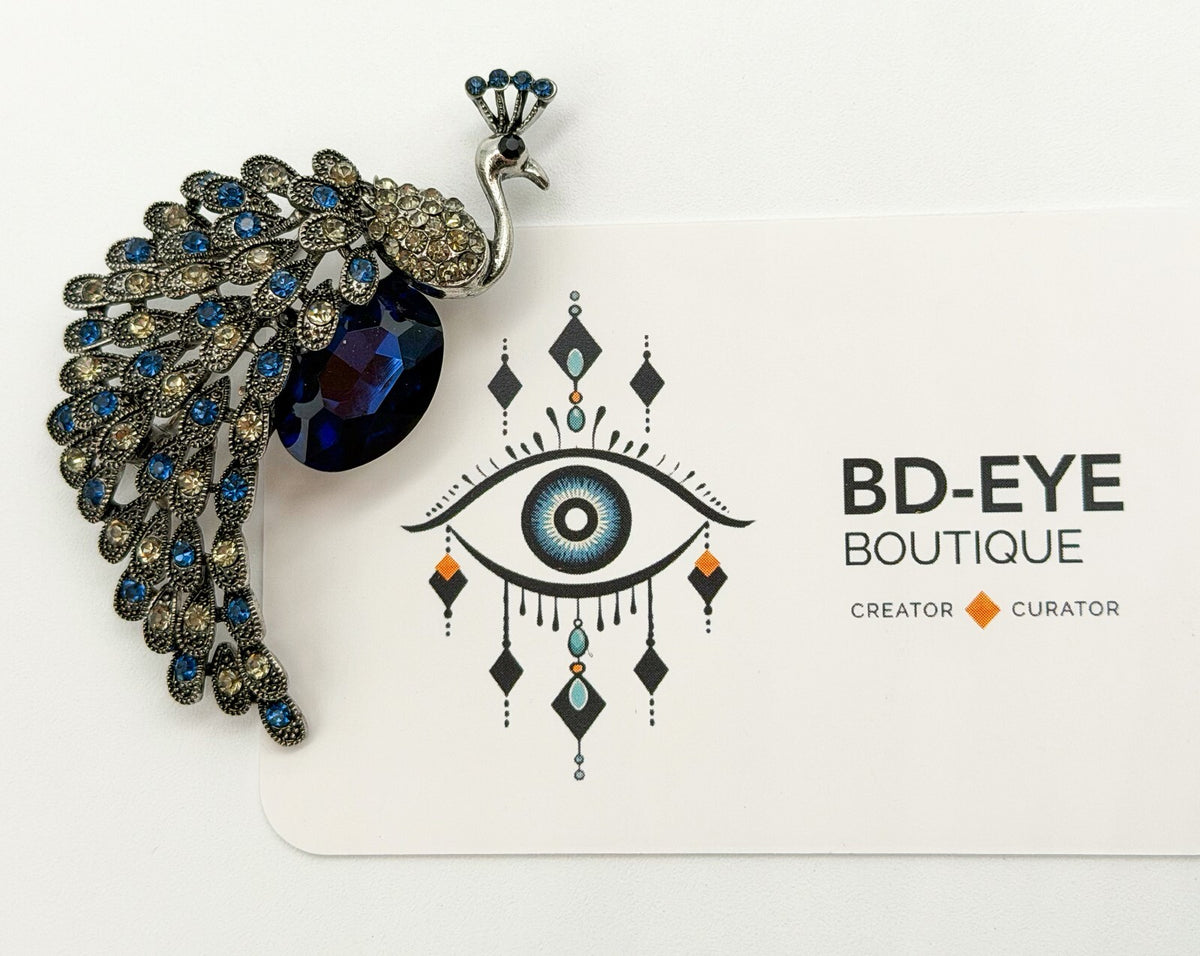 Peacock Rhinestone Brooch Blue Faceted Glass Bird Pin Silver Tone Statement