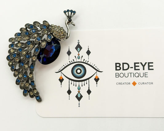 Peacock Rhinestone Brooch Blue Faceted Glass Bird Pin Silver Tone Statement
