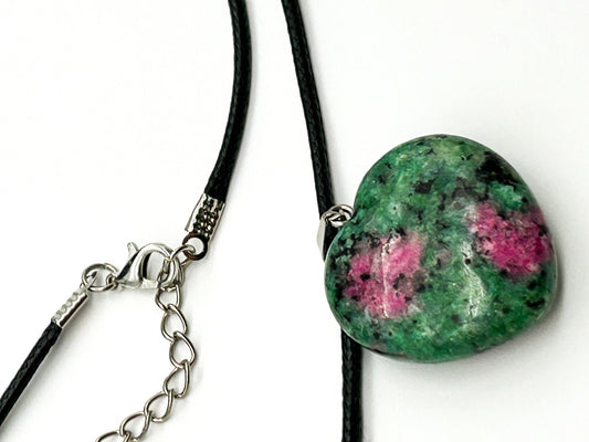 Ruby in Zoisite Heart Pendant Necklace Natural Gemstone Black Cord Necklace