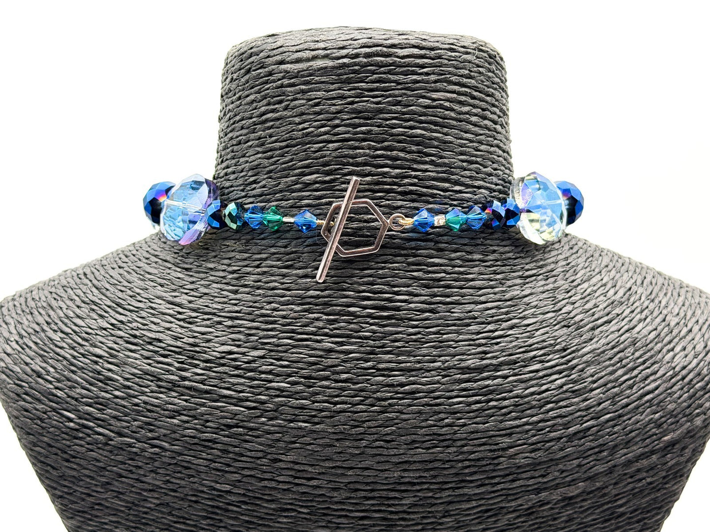 Midnight Blue Crystal Necklace AB Faceted Oval Beads Cha Cha Cluster Necklace