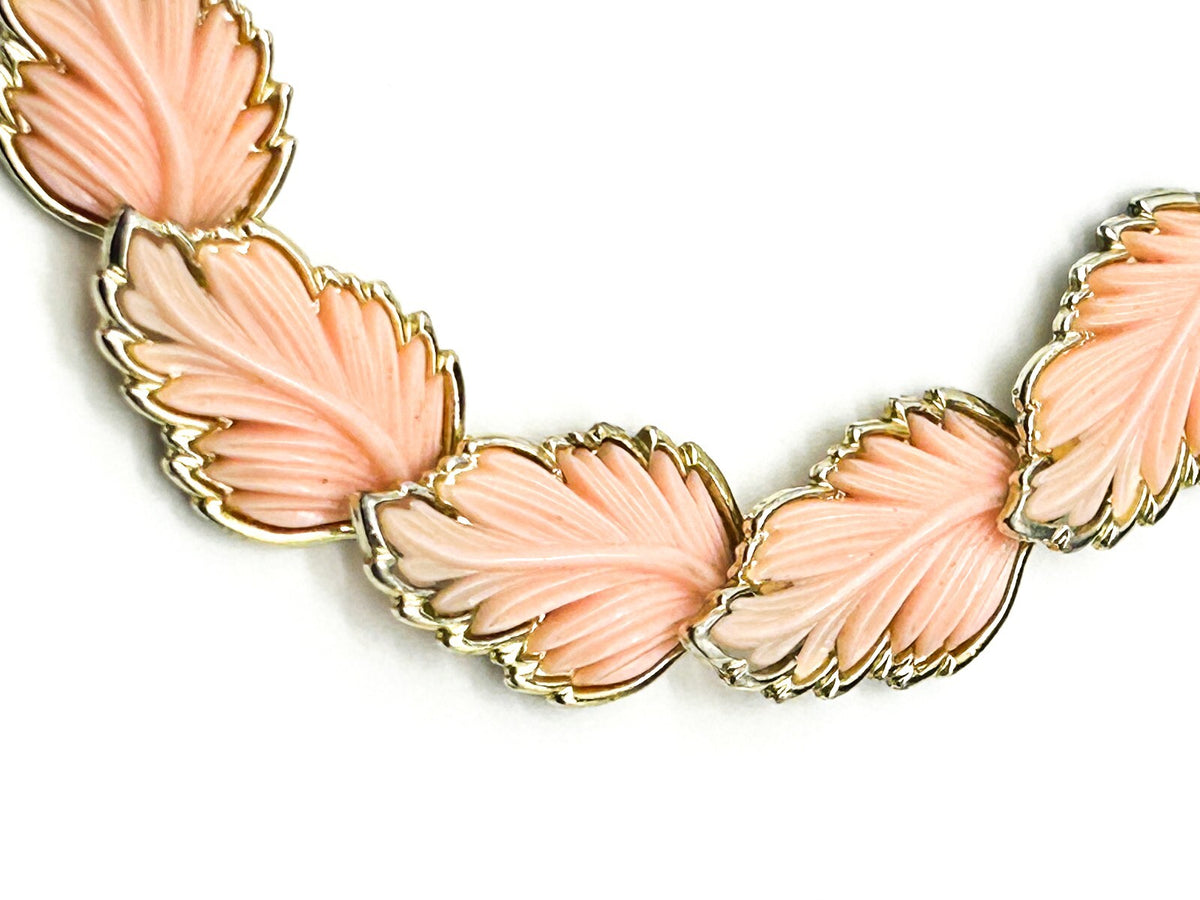Vintage Pink Thermoset Lucite Leaf Necklace Silver Tone Articulated Leaves