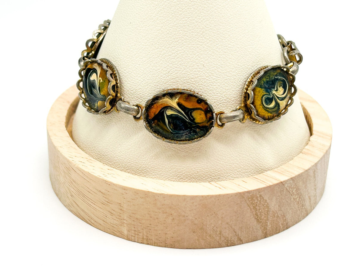 Vintage Enamel Panel Bracelet Gold Blue White Marbled Swirl Oval Bracelet 7.5”