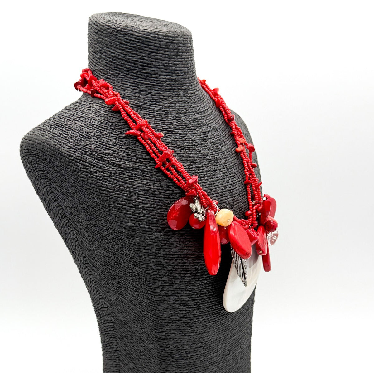Red Coral Mother of Pearl Floral Necklace Multi Strand Boho Statement Flower