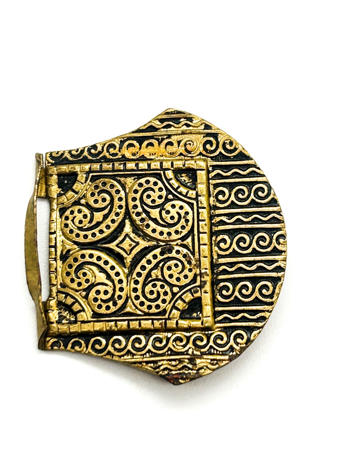 Vintage Ornate Brass Gold Tone Belt Buckle Embossed Scroll Pattern Black Metal