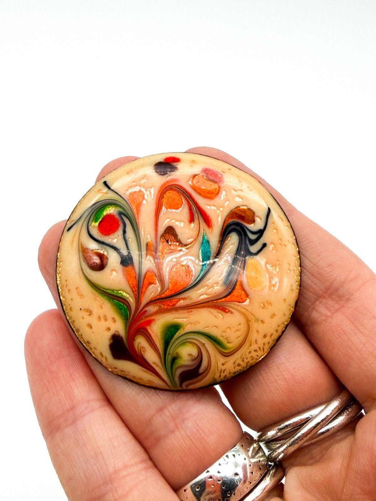 Vintage Enamel Ceramic Brooch Abstract Floral Swirl Round Statement Pin