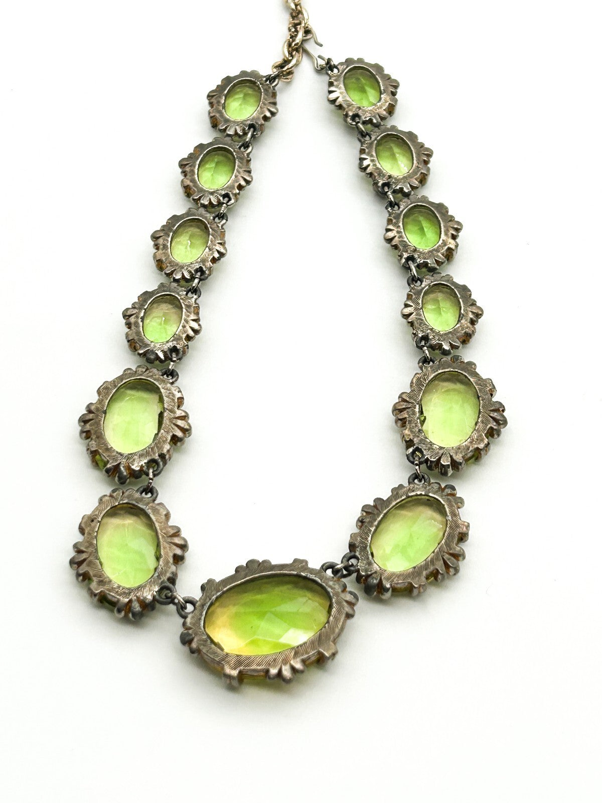 Vintage Lime Green Yellow Faceted Glass Statement Necklace Prong Oval Crystal