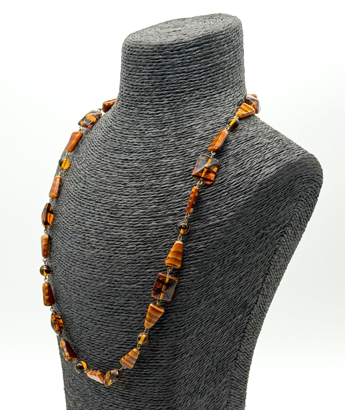 Vintage Amber Art Glass Necklace Givre Black Stripe Geometric Beads 24.5 Inch