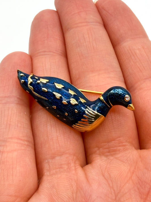 Vintage Blue Enamel Duck Bird Brooch Gold Tone Rhinestone Eye Pin