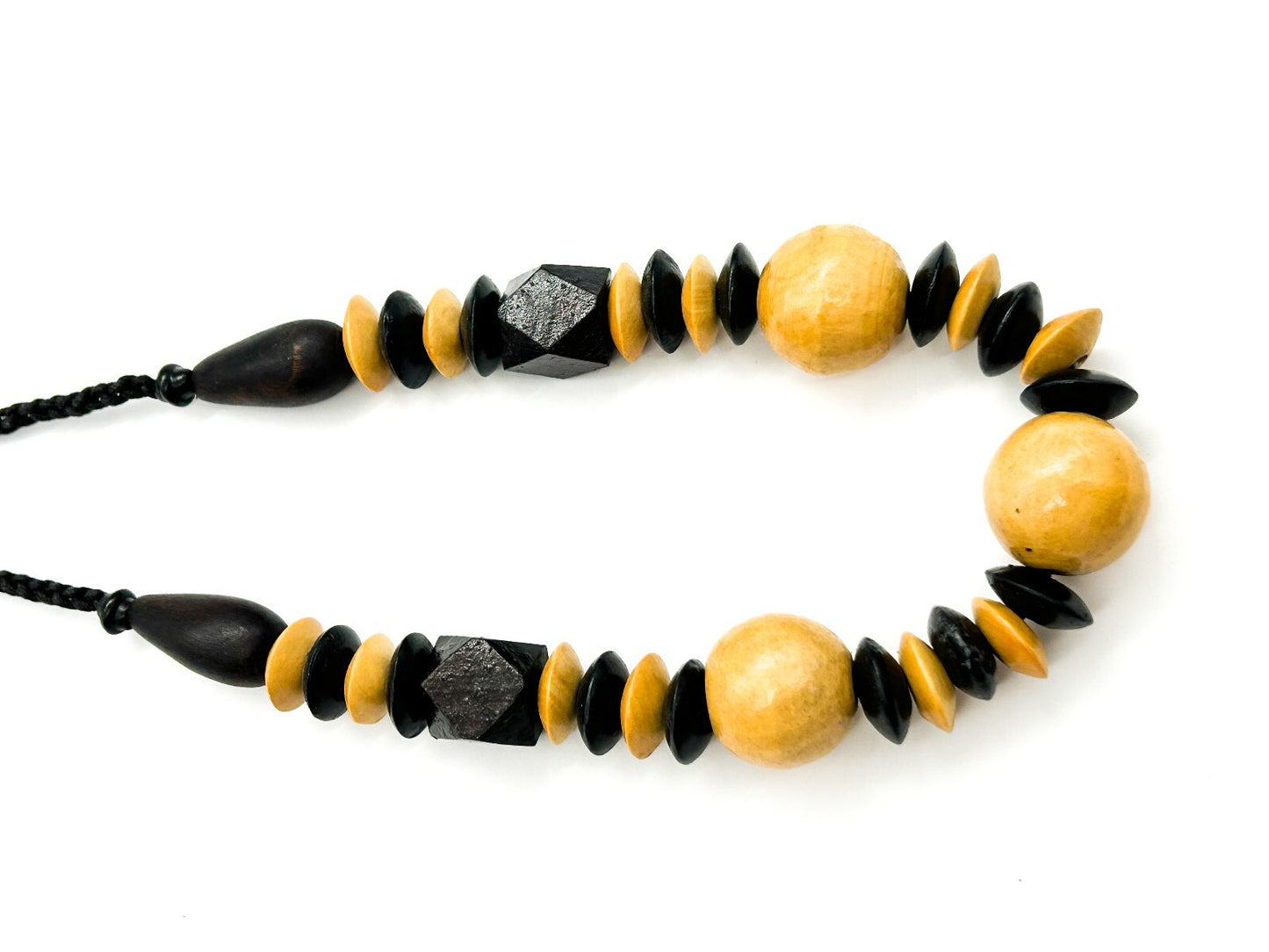 Vintage Black Beige Wooden Bead Necklace Long Chunky Bohemian Statement Retro