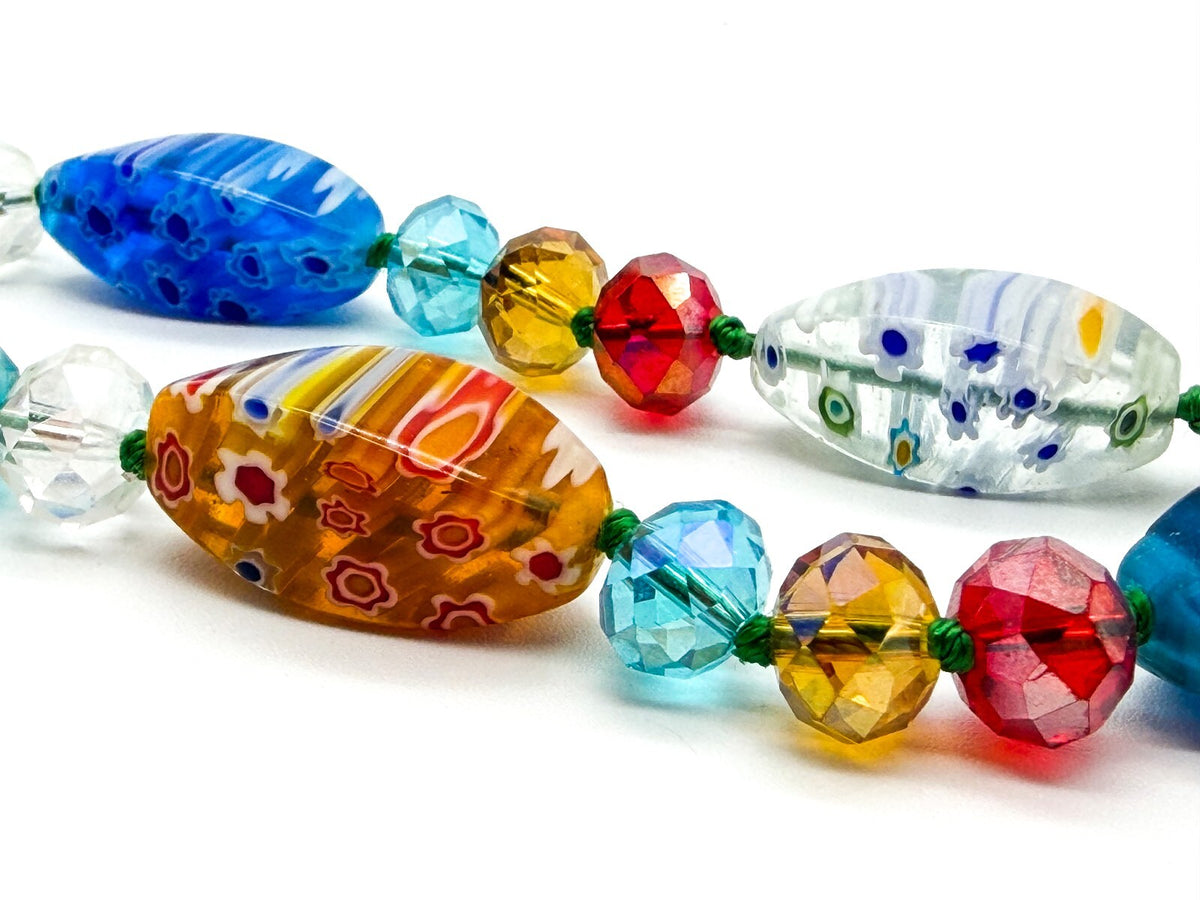 M&S Millefiori Art Glass Necklace Hand Knotted Faceted Glass Floral Beads 17”