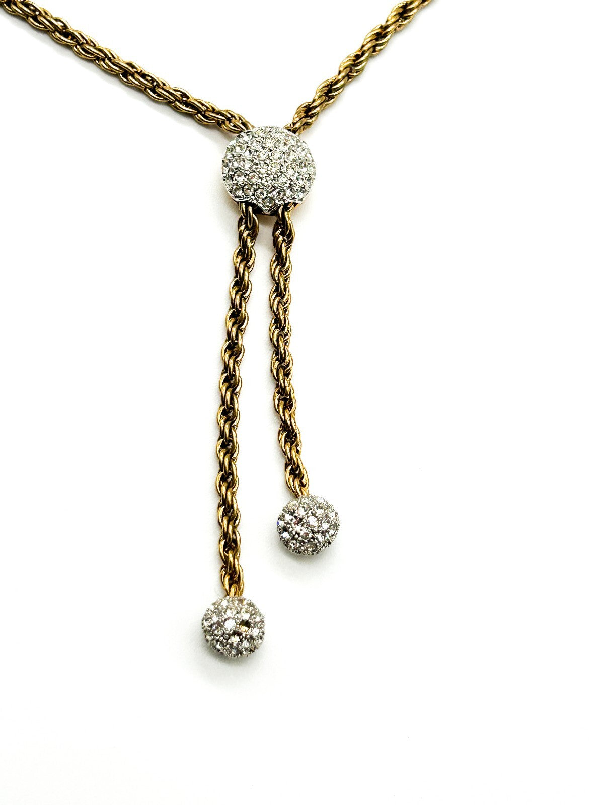 Vintage Gold Tone Rhinestone Bolo Necklace Twisted Rope Chain Adjustable Tassel